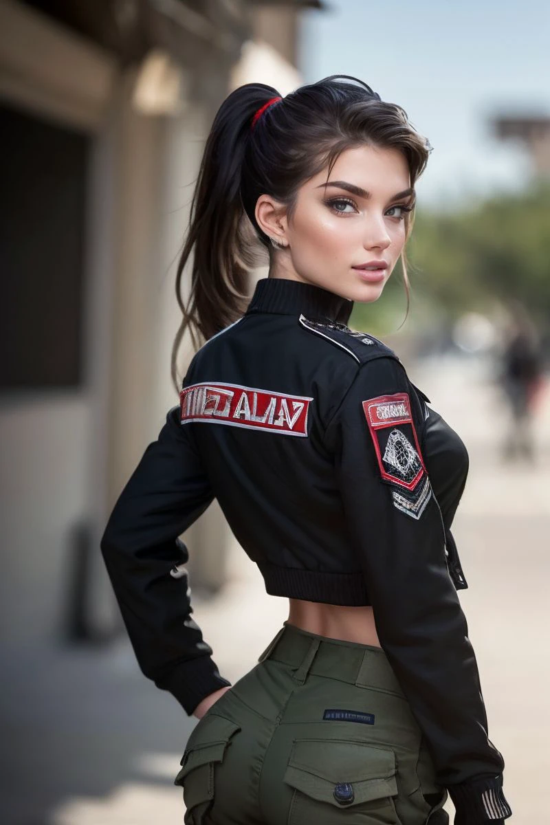 photo of S005_StefanyKyler_v2,a stylish woman,in a (war-zone:1.1),wearing a (jacket:1.1),(pants),(ponytail),(4k, RAW photo, best quality, depth of field, ultra high res:1.1),(absurdres, intricate, photorealistic, masterpiece, ultra-detailed:1.1),