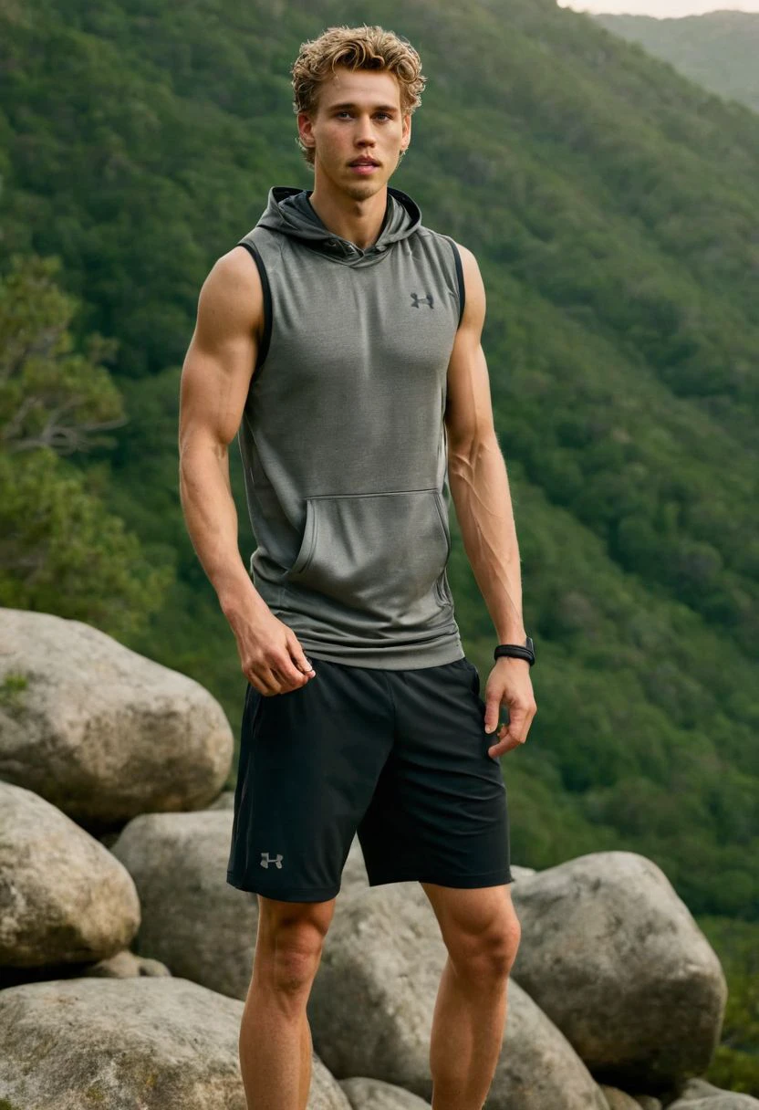 photo of Shaun Sipos a man <lora:Austin-Butler_Shaun-Sipos:0.8>, wearing a sleeveless well-fitted under armour hoodie and compression shorts, standing on a boulder, outdoor trail, 35mm photograph, film, bokeh, professional, 4k, highly detailed, creek in the background, natural lighting, golden hour
