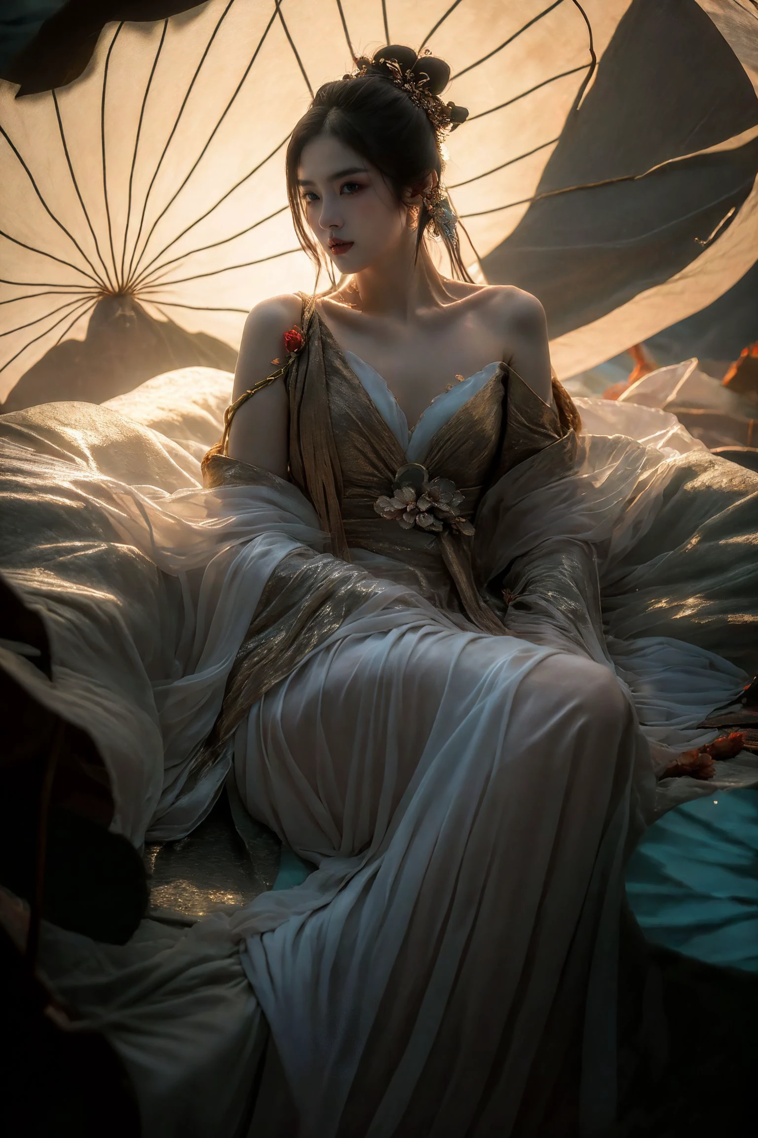 ultra high resolution,((masterpiece))),(((best quality))),((super detailed)),((extremely delicate and beautiful)),cinematic light,detailed environment,(real),cinematic light,detailed environment,(real),
(RAW photo, 4k, realistic, exquisitely detailed skin :1.3),masterpiece,best quality,an award-winning work,ultra detailed,depth of field,cinematic angle,cinematic light,low key,dark scene,(soft warm laterial lighting:1.2),(hdr:1.4),
(hyperrealism, soft light, sharp),(hyperdetailed:1.2),cinematic lighting,explosions,over exposure,intricate details,magazine cover,dynamic angle,chiaroscuro,emotional impression,(lying:1.5),(Psychedelic,decadent atomsphere,drunk:1.5),
(realistic, photo-realistic:1.37),extremely detailed,photography,8k,Amazing,finely detailed,best quality,ultra high res,exceptional detail,atmospheric depth,masterful technique,harmonious composition,cinematic lighting,immersive atmosphere,stunning visuals,rose Red and blue,light bronze and indigo,
xuer Lotus leaf,1girl,(full body:1.1),hanfu,chinese clothes,long sleeves,jewelry,Dynamic Angle,Perspective,extremely beautiful skin,natural skin texture,beautiful and aesthetic,atmospheric,extremely detailed background,(shiny skin:1.5),(exposed collarbone, exposed shoulders:1.2),
<lora:~Q?-wS xuer Lotus leaf:0.8>,