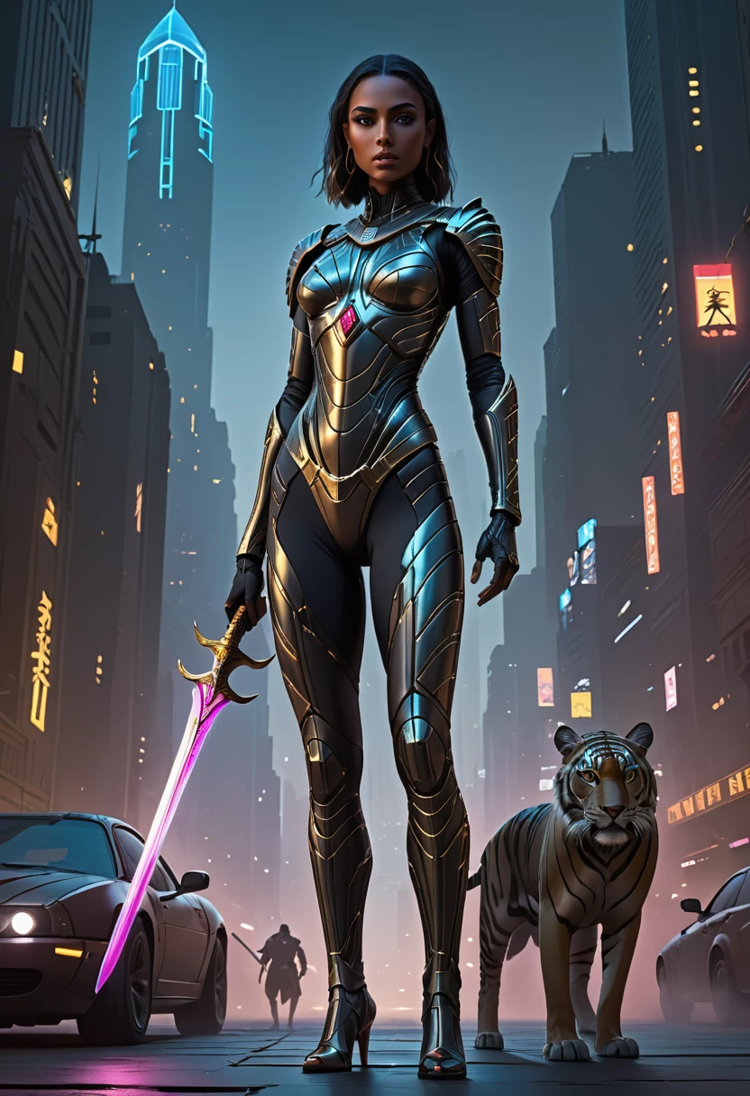 concept art A breathtakingly beautiful and enigmatic Egyptian queen, adorned in a sleek and sophisticated stillsuit, stands gracefully amidst a captivating futuristic cityscape shrouded in darkness. Her cyberpunk|biomechanical form effortlessly blends human and machine elements, creating a striking and unique appearance. The neon lights of the city illuminate every intricate detail of her cybernetic enhancements, casting an ethereal glow over her surroundings. She holds a dagger in one hand, adding to her commanding presence. The Tiger's Eye Telepathic Ruby at her throat radiates an ominous light, further enhancing the eerie atmosphere. . digital artwork, illustrative, painterly, matte painting, highly detailed, <lora:StillsuitXL_v1.32:0.3>,