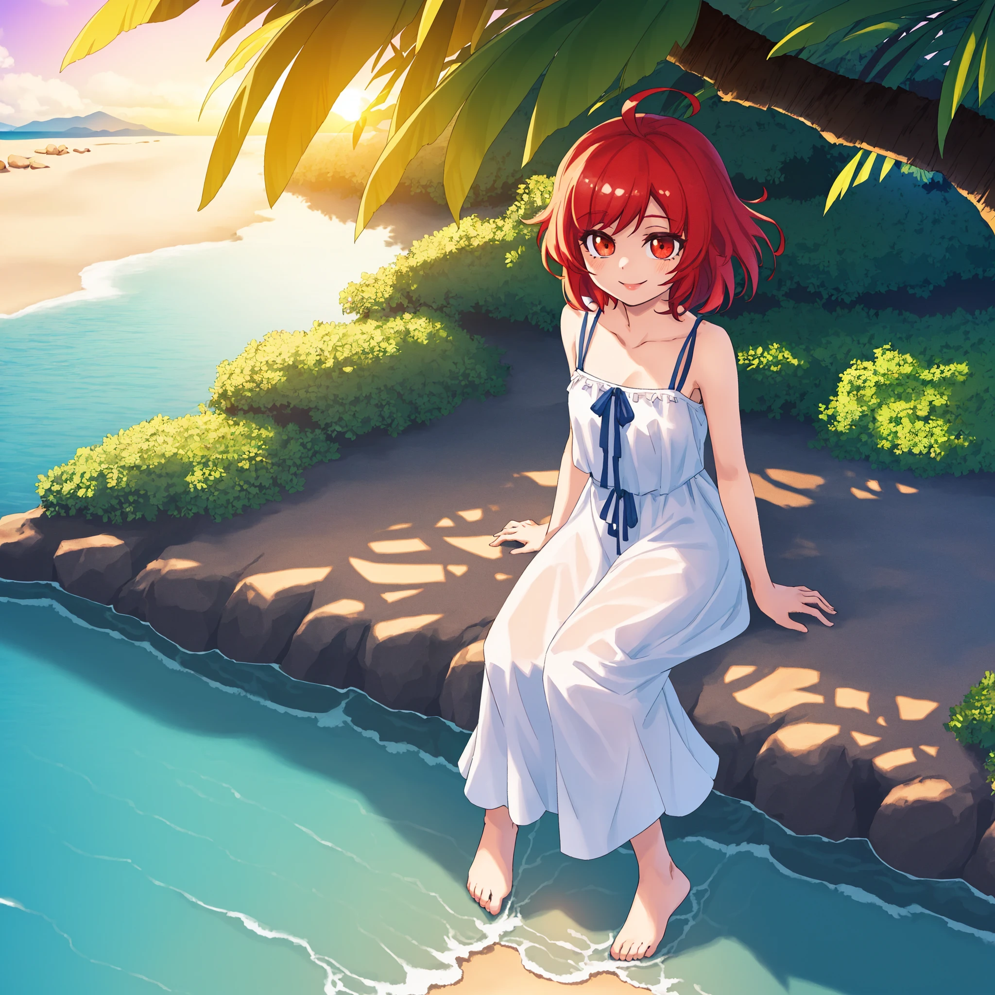 (highres),(best quality,masterpiece,very detailed,Ultra HD:1.2),illustration,wallpaper,CG,reality ray tracing,panorama,(from above:1.2),cinematic angle,medium shot,(beautiful detailed girl),clear focus,1girl,solo,detailed face,girl focus,young,solo,full body,smile,(red hair),ahoge, short hair,white short sundress,Bare feet,outdoors,(sea:1.2),(beach:1.2),(horizon),(sunset),(the breeze blew),coconut tree,(twilight:1.3),(dim:1.15),beautiful landscape,(reality ray tracing),(intense shadows),(dappled sunlight),strong rim light,