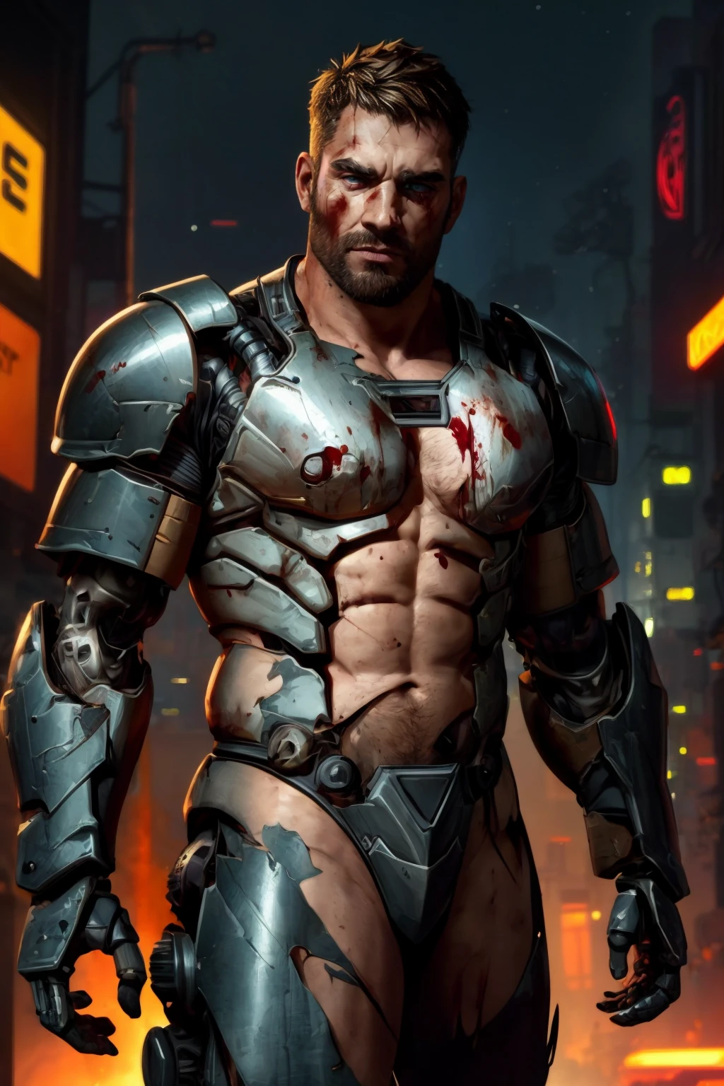 a handsome male, science fiction, cyberpunk, sci-fi, cybernetic ninja, cyborg, (damaged armor, ripped armor, broken armor:1.2), leather trench coat, exposed chest, hairy chest, blood, wires out of body, damaged, best quality, absurdres, depth of field, dof, cinematic lighting, bokeh
