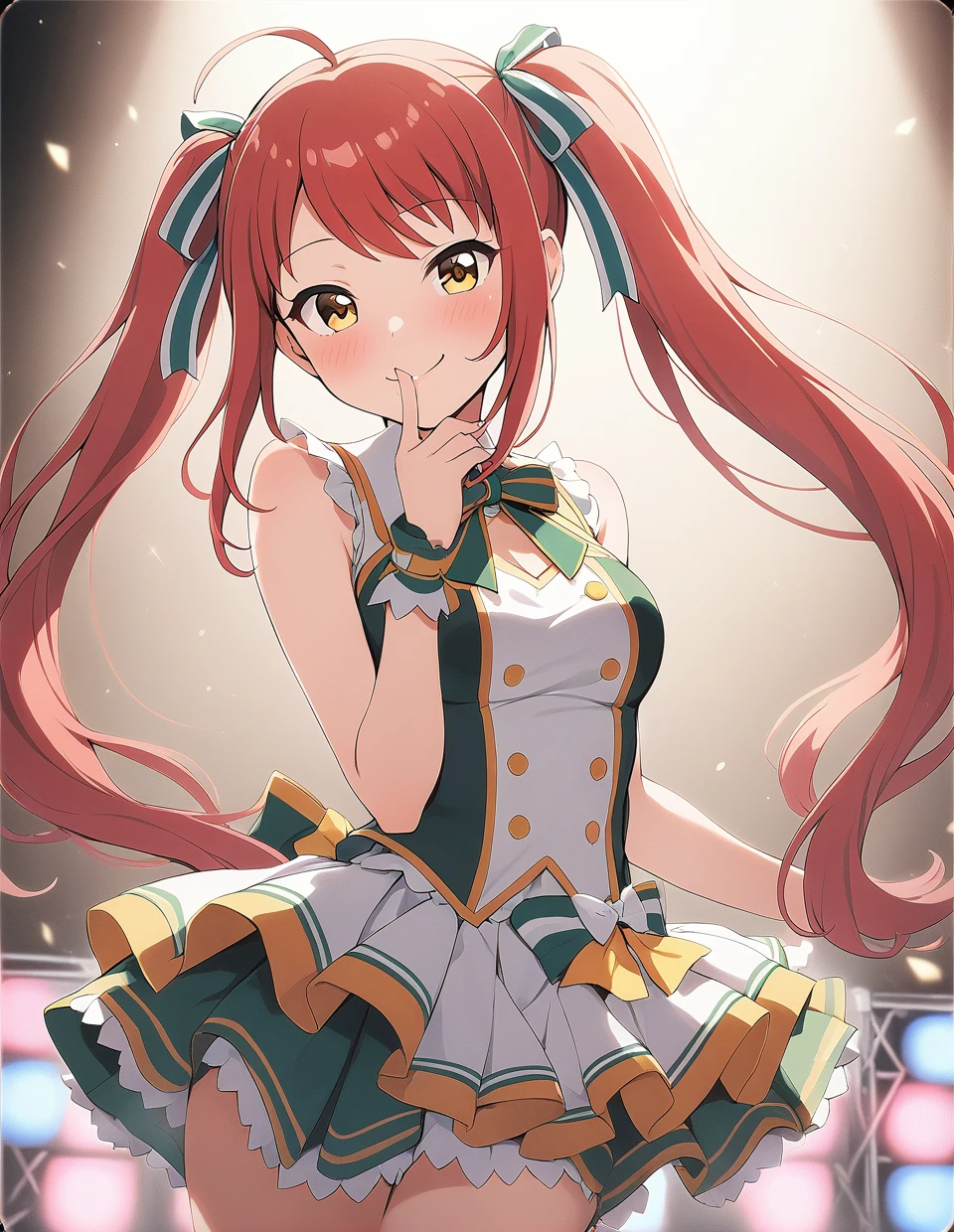 1girl,<lora:batogaurara:0.8>,batogaurara,smile,twintails,long hair,red hair,hair ribbon,ahoge,yellow eyes,idol,hand_to_mouth,idol clothes,stage light,
ultra resolution image,
masterpiece,best quality,