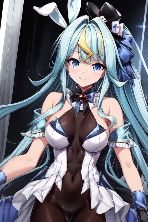 person, 1girl, bangs, bare shoulders, blue eyes, blue hair, breasts, eyebrows visible through hair, hair between eyes, long hair, medium breasts, multicolored hair, smile, solo, upper body,
animal ears, aqua hair, bare shoulders, black legwear, black leotard, blue eyes, bow, breasts, detached collar,fake animal ears, full body, hair ornament, high heels, leotard, long hair, (looking at viewer), open mouth, pantyhose, rabbit ears, smile, solo, tail, tanabata, tanzaku, thigh gap, very long hair, wrist cuffs,
frills, (heart shaped tattoo on breast), hair bow, hair ornament, tiny hat, playing cards, dice, open mouth, rabbit ears,smile, solo, ((bright background))
<lora:add_detail:1.2>, <lora:hyperrefiner_v090:1.1>, <lora:CLARA-PC-V2-000002:0.8>