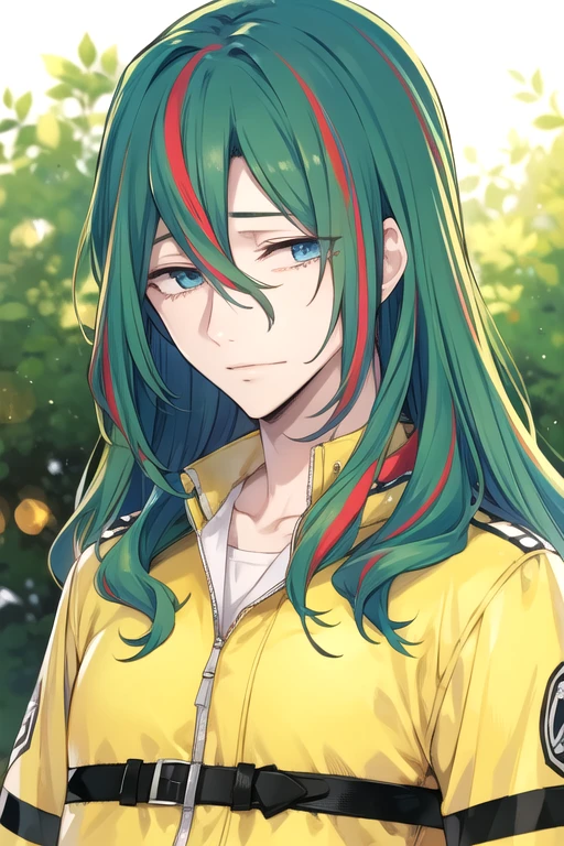 photorealistic, (4k), depth of field, (Masterpiece), (realistic skin texture), extremely detailed, intricate, hyper detailed, high resolution, professional photography, bokeh, depth of field, sharp detail, best quality, , 1boy, solo, male focus, <lora:yuusuke_makishima:0.74>, yuusuke_makishima, green hair, blue eyes, , streaked hair, , , firefighter costume, , 32k resolution