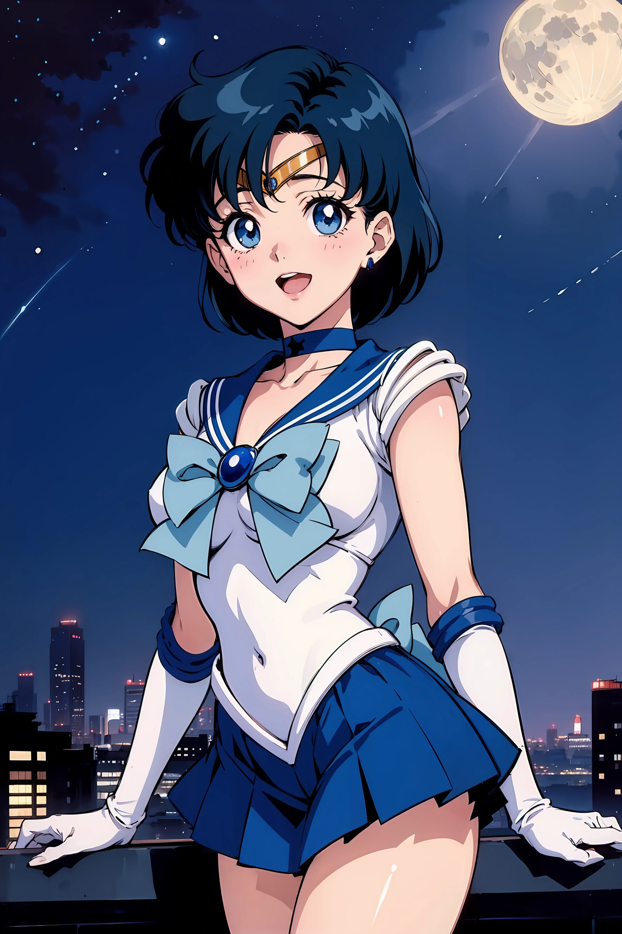 (masterpiece), 1girl, solo, perfect sexy female body, anime screencap,1990s \(style\), (art by Naoko Takeuchi), rooftop, skyline, night, fog, starry sky, full moon, bishoujo senshi sailor moon, <lora:EPsmSailorMercury-07:1>, EPsmSailorMercury, short hair, blue hair, blue eyes, skirt, white gloves, cowboy shot, tiara, choker, solo, pleated skirt, blue skirt, smile, gloves, circlet, blue choker, open mouth, elbow gloves, sailor collar, back bow, sailor senshi uniform, jewelry, bow, blue bow, magical girl, blue sailor collar