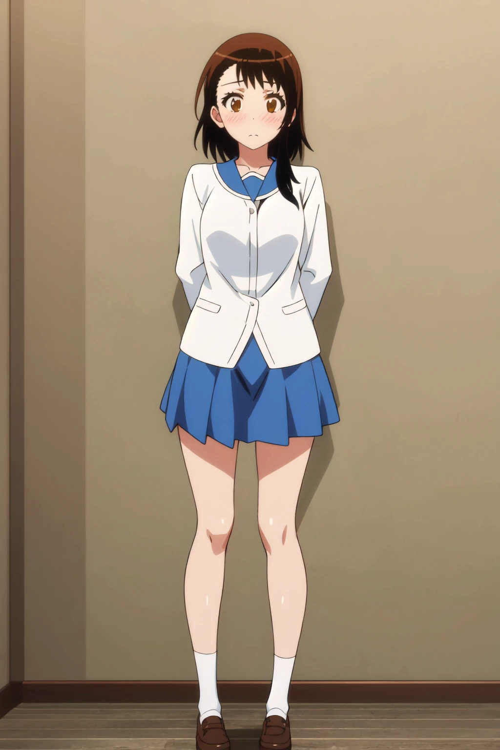 <lora:anime_screencap_v2:0.3> tall body, tall, long legs, mature female, mature, adult, <lora:GoodHands-beta2:1.4>
 <lora:eft_nisekoi_ondera-02:1>,  eft_nisekoi_ondera, 1girl, solo, brown eyes, brown hair, blush, skirt, short hair