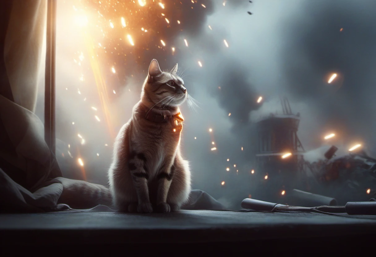 cute fluffy munchkin cat walks toward camera, away from destroyed city, giant, battle, cuteness overload, explosions, tanks, airplanes