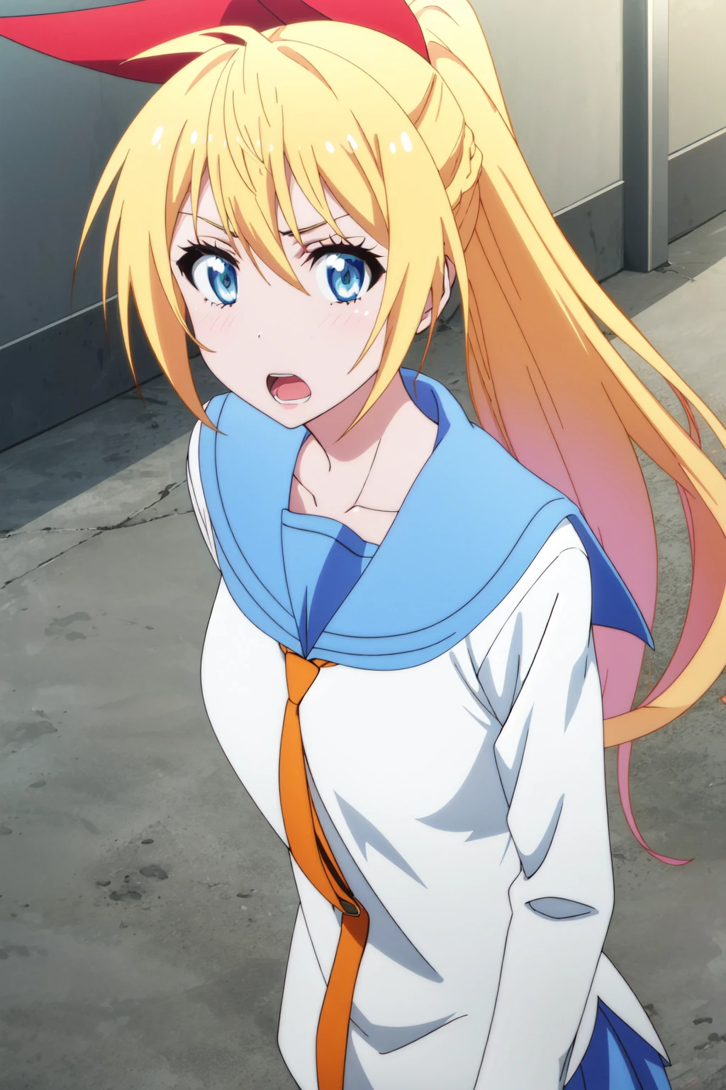 <lora:anime_screencap_v2:0.3> tall body, tall, long legs, mature female, mature, adult, <lora:GoodHands-beta2:1.4>
<lora:eft_nisekoi_chitoge-02:1> eft_nisekoi_chitoge, 1girl, blonde hair, solo, blue eyes, long hair, school uniform, ribbon, hair ribbon, serafuku, open mouth, sailor collar, anime coloring, looking at viewer, blue sailor collar, parody, ponytail