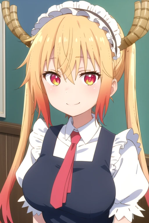 ((masterpiece)),(best quality),official art,extremely detailed CG,unity 8k wallpaper,ultra detailed,beautiful detailed eyes,extremely detailed face,1girl,solo,upper body,(portrait:1.5),looking at viewer,facing viewer,smile,dragon_girl,dragon_horns,maid_headdress,long_hair,twintails,blonde_hair,orange_hair,multicolored_hair,gradient_hair,hair_between_eyes,slit_pupils,orange_eyes,red_eyes,maid,red_necktie,puffy_short_sleeves,elbow_gloves,white_gloves,large_breasts,white_pantyhose,brown_footwear,<lora:Tooru(kscnm)>,