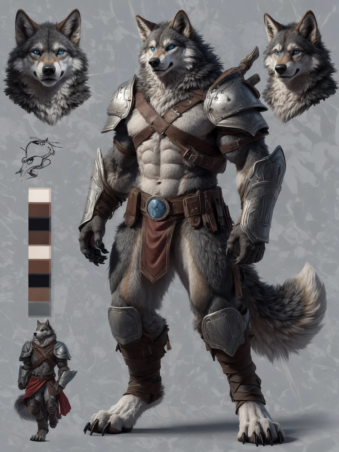(character_design), concept art, model sheet, anthro, canid, mammal, canine, solo, armor, male, wolf, fur, claws, canis, hi res, standing, fingers, blue eyes, muscular anthro, muscular, were, clothing, muscular male, werecanid, 5 fingers, white body, digital media (artwork), simple background, white fur, black nose, grey body, front view, biped, pauldron, grey fur