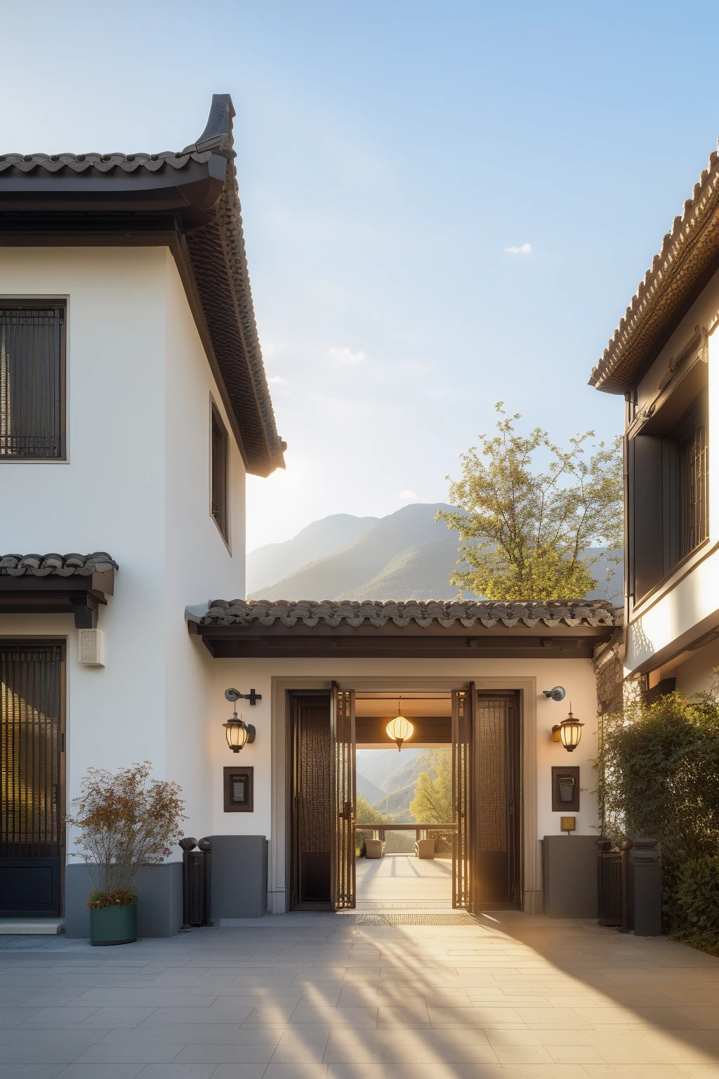 <lora:JJsChineseStyleHouse:0.7> ,((Chinese Style House)), building,masterpiece , best quality, RAW photo, subject, 8k uhd, dslr, soft lighting, high quality, film grain, Fujifilm XT3, outdoors, sky, day, cloud, tree, blue sky, ground vehicle, building, scenery, road, lamppost, real world location,, door,entrance, beam,column, window,trees, sunlight, public blocks,daytime, mountains, lively city streets, enough detail, high resolution, 8k, HD, super realistic, Photorealistic, highly detailed, door, fense, gate,