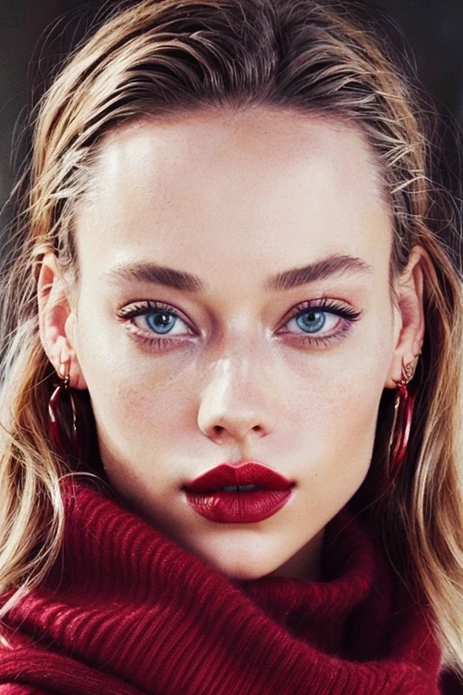 Hannah Ferguson, shiny lips with dark makeup wearing a red sweater and scarf, dark theme, full glossy red lips, masterpiece, ultrarealistic, skin details, blushed cheeks
