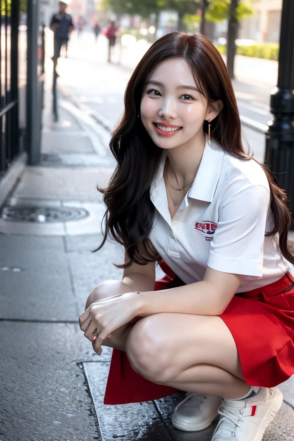 (realistic), (hyperrealism),best quality, masterpiece,ultra high res, (photorealistic:1.4),1girl,(looking at viewer:1.2),outdoor, long wavy hair,squatting, collared shirt, red skirt,
<lora:makina69_nayeon_v1.1:1> ,big front teeth, necklace, earrings, (smile:0.7)