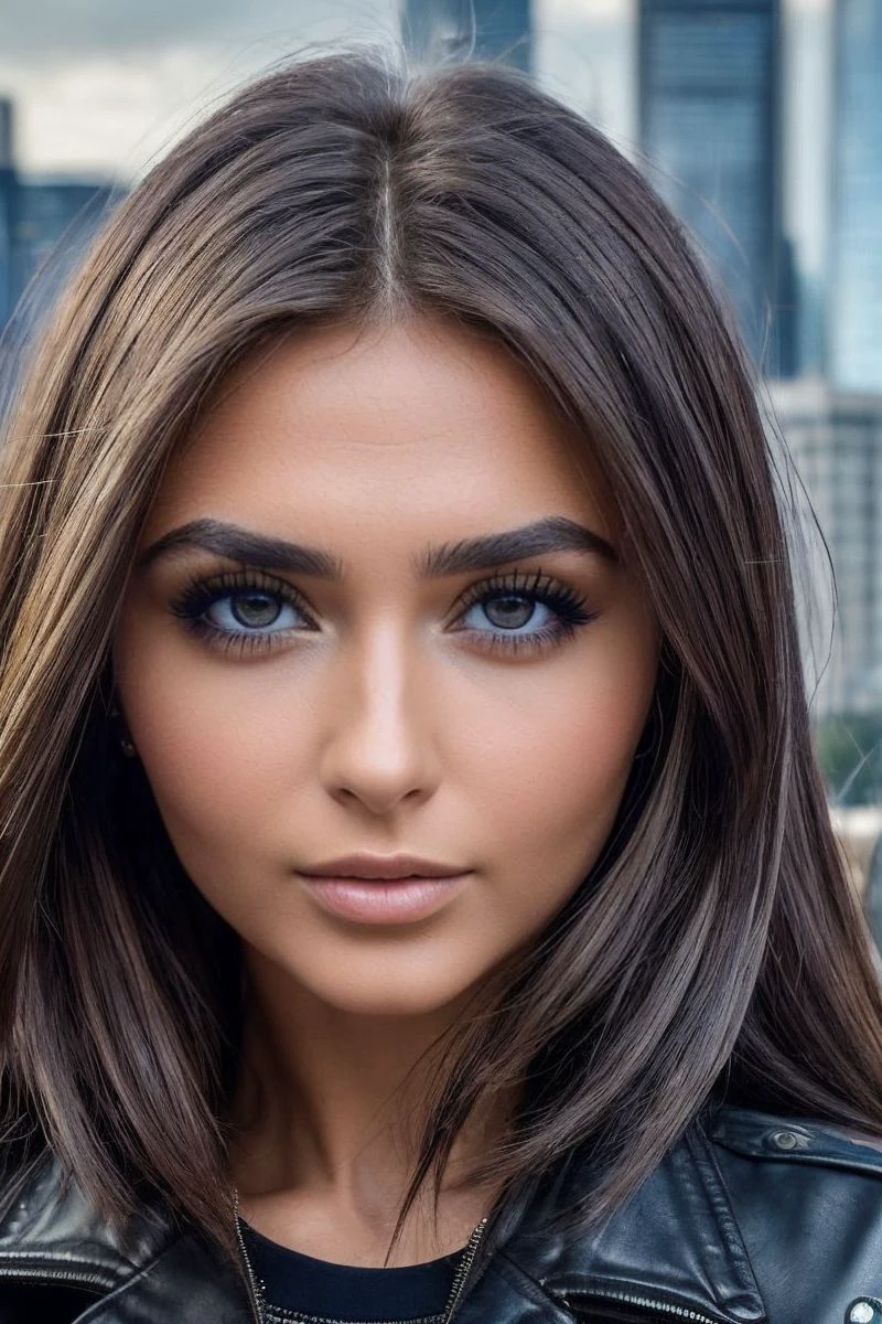 closeup headshot of S311_DaryaTaranik,a beautiful woman,in a (city:1.1),wearing a (gray-leather-jacket:1.1),(cityscape),(4k, RAW photo, best quality, depth of field, ultra high res:1.1),(absurdres, intricate, photorealistic, masterpiece, ultra-detailed:1.1),