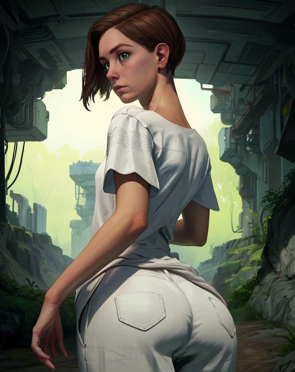 beta,green eyes,brown hair,short hair,looking back,surprised,
white shirt,short sleeves,white pants,
from behind,ass,
underground bunker,science fiction,tech,
(insanely detailed, beautiful detailed face, masterpiece, best quality),solo,<lora:beta:0.8>,