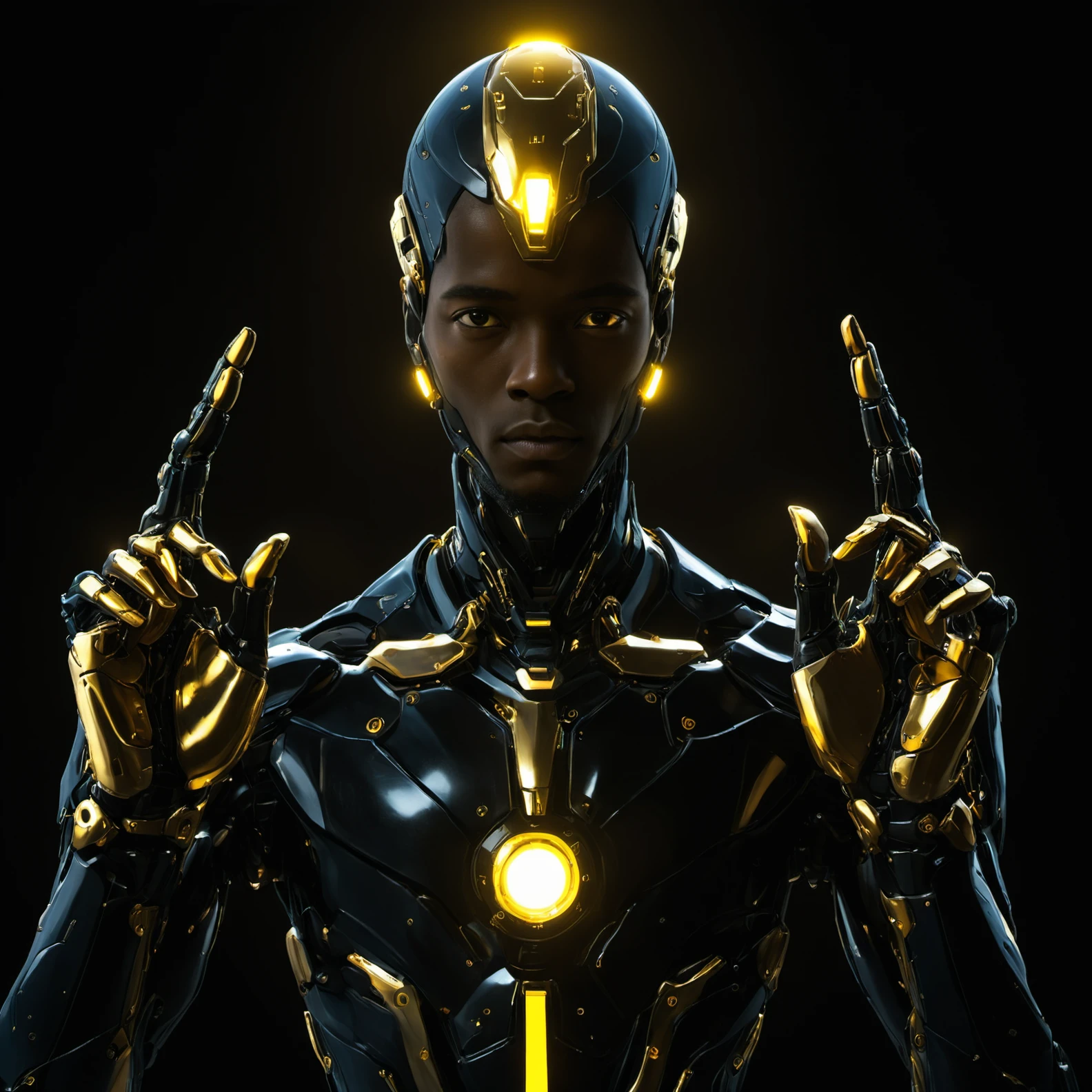 FUNDING,future,concept robot,black robot solo,upper body,glowing,black background,mecha,science fiction,cyberpunk art,afrofuturism,looking towards the camera,<lora:FN_WeiLai:1.2>,fingers pointing at the head,there are two beams of light next to the head,with a hint of golden light,boy