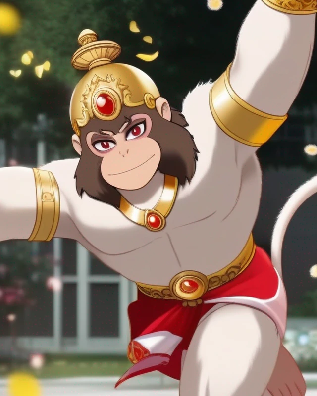 H8NUM8N, anime style, full body, wide angle, brown hair with smile, golden crown, monkey face, (happy:1.5), white furry body, red cloth, bloom, ambient occlusion, sun, beautiful detailed eyes, masterpiece, glowing flowers behind, light particles, bokeh, depth of field, 8k, highly detailed