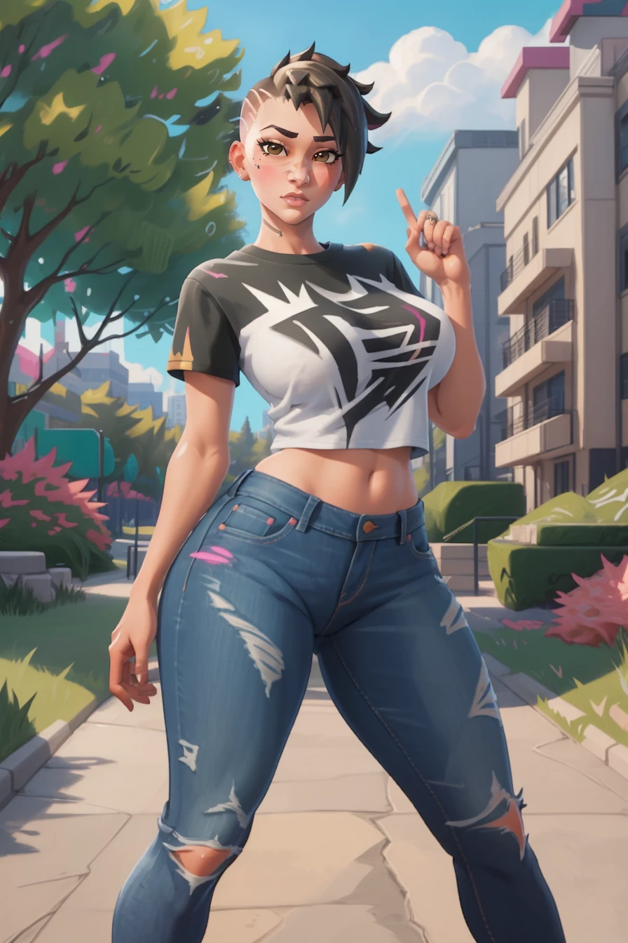 1girl, stray \(fortnite\), black hair, short hair, undercut, mohawk, looking at viewer, outdoors, park, jeans, t-shirt, standing, large breasts, blush, covered nipples, thick thighs,  <lora:StrayFortnite:1>, Masterpiece, best quality