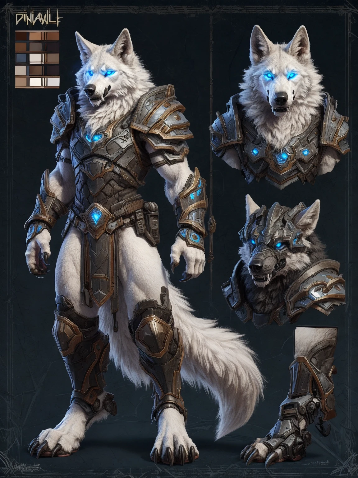 concept art, ((model sheet)), multiple angles, solo, anthro, mammal, canid, canine, armor, male, fur, hi res, wolf, canis, text, glowing, glowing eyes, blue eyes, claws, english text, white fur, were, clothing, white body, fangs, machine, blizzard entertainment, werecanid, absurd res, standing, digital media (artwork), fingers