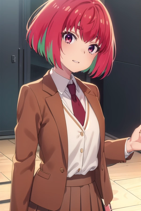 kanafujii, <lora:kana fujii s1-lora-nochekaiser:1>,
kana fujii, short hair, bangs, (red eyes:1.3), ahoge, red hair, multicolored hair, green hair, two-tone hair, thick eyebrows, grin,
BREAK skirt, shirt, long sleeves, school uniform, jacket, white shirt, pleated skirt, necktie, collared shirt, red skirt, blazer, red necktie, brown skirt, brown jacket,
BREAK indoors, classroom,
BREAK looking at viewer, (cowboy shot:1.5),
BREAK <lyco:GoodHands-beta2:1>, (masterpiece:1.2), best quality, high resolution, unity 8k wallpaper, (illustration:0.8), (beautiful detailed eyes:1.6), extremely detailed face, perfect lighting, extremely detailed CG, (perfect hands, perfect anatomy),