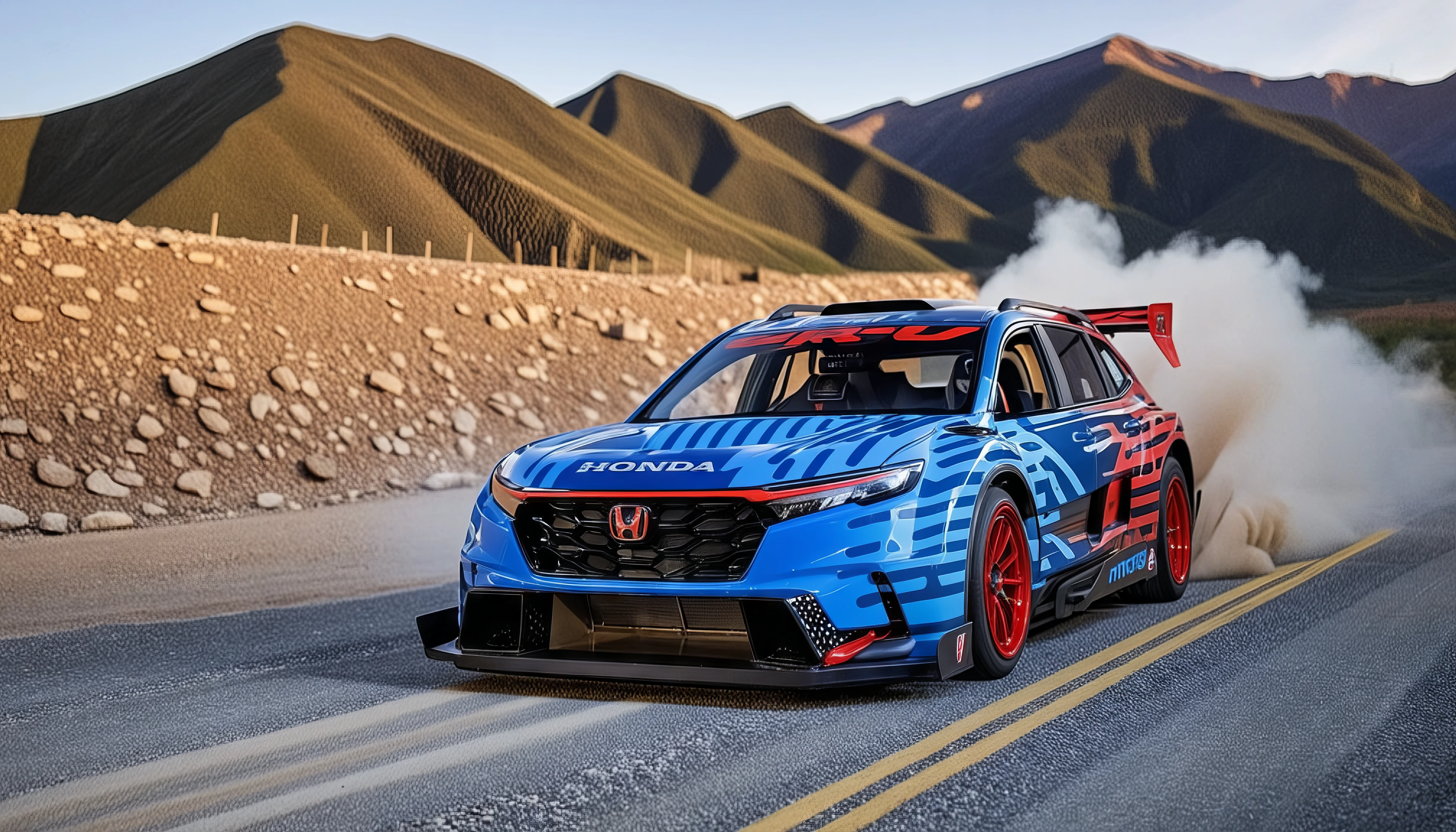 (rugged mountain landscape at dawn:1.15), first light cresting over peaks, (gravel road kicking up dust:1.05), Canon EOS-1D X Mark III, Canon EF 24-70mm f/2.8L II USM lens, darting through natural obstacles, 
RAC3R, A (blue and red race car:1.05) with a prominent Honda logo on the grille, a large rear wing, and "HYBRID" written on the side is parked