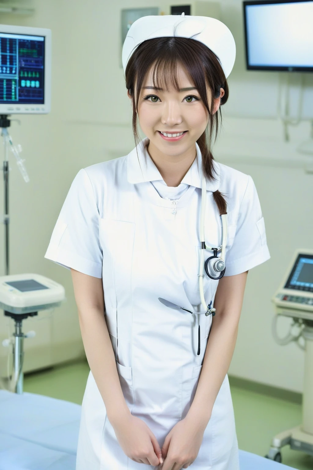 Inside a modern operating room, a young Japanese nurse wears white nurse uniform with nurse cap, with a gentle smile on the face. Full body. DSLR, focused
<lora:nurse_uniform_xl_v1-000003:1>