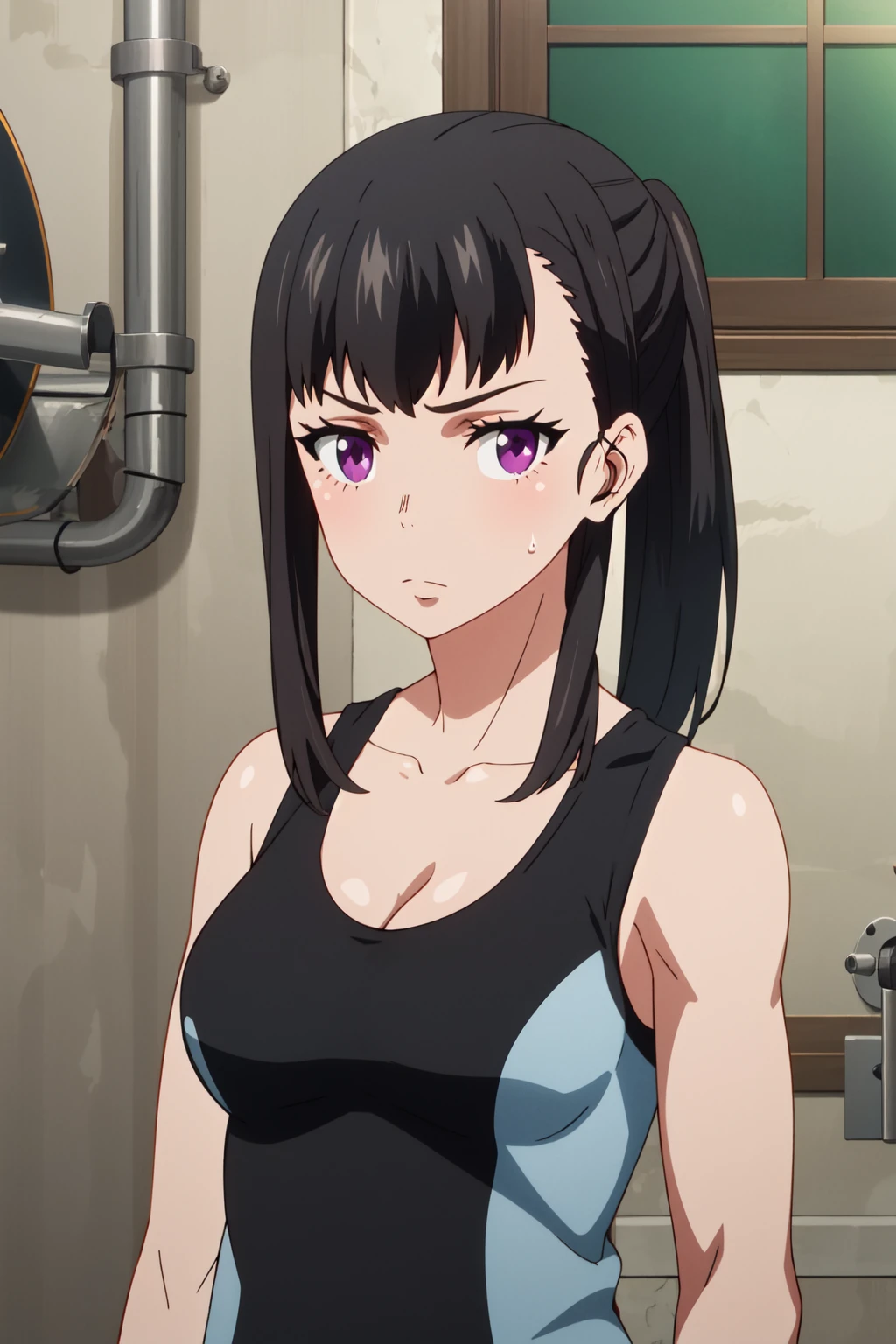 <lora:anime_screencap_v2:0.3> tall body, tall, long legs, mature female, mature, adult, <lora:GoodHands-beta2:1.4>,
<lora:eft_ff_buff:1> , eft_FireForce_Tomboy, 1girl, solo, purple eyes, breasts, black hair, looking at viewer, cleavage, tank top, upper body, bangs, long hair, ponytail