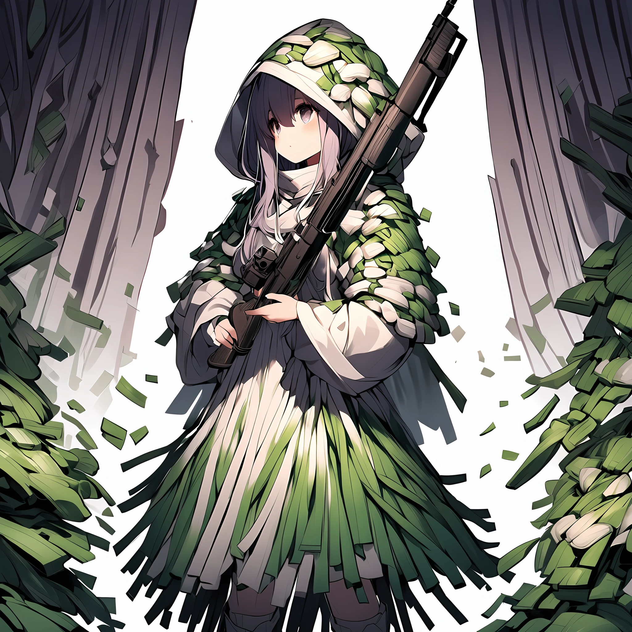 Create an anime image of a young anime girl. Her hair, eyes and skin should be light grey. She is wearing a white thick baggy long armored hooded robe with white ribbon, scarf and long boots.
Her all outfits and background should be highly detailed, delicate, messy, mix up, cluttered, jumbled, elaborate, exquisite and complicated.
1girl, solo, (hood up:1.5), <lora:negidarake_xl_v1:1>, negidarake, (holding gun:1.5)