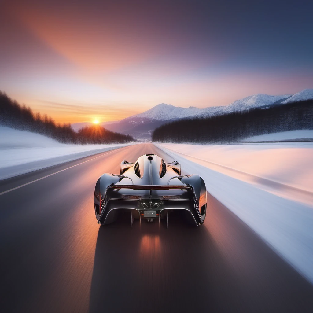 a car, back view, sunset, snowy mountain road, snow <lora:McLarenSolusGT1024-000280:0.8>