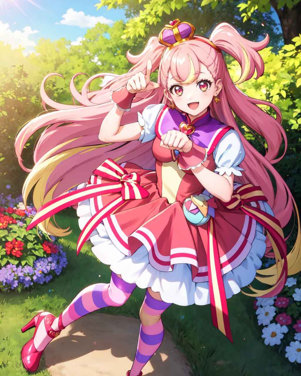 masterpiece, best quality, looking at viewer, depth of field, standing, full body, paw pose, dynamic pose,
1girl, <lora:locon_cure_wonderful_v1:0.75>, cure wonderful, pink hair, two side up, striped thighhighs, red dress, petticoat, crown, hairband, puffy short sleeves, wrist cuffs, earrings, ribbon, open mouth, :3, multicolored hair, multicolored eyes, very long hair, high heels, multicolored dress,
smile, lens flare, garden, outdoors, blue sky,  park,