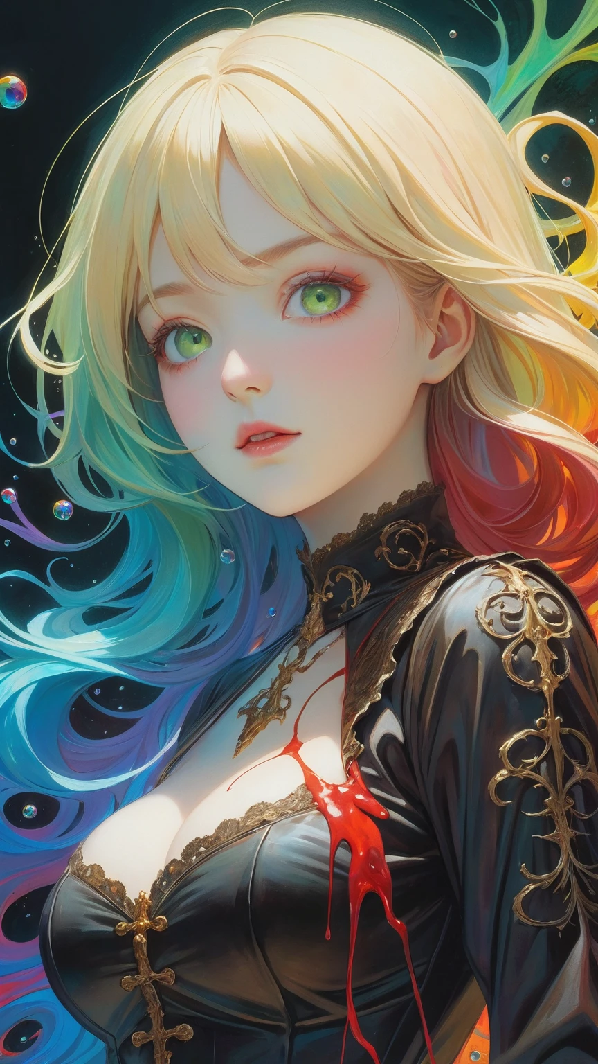 a Girl,laughing,Colorful colors,surrounded by water bubbles,in the style of Kawacy,Masterpiece,Oil painting drawn in anime style,head close - up,exaggerated perspective,Tyndall effect,water drops,mother - of - pearl iridescence,Holographic white,chess queen outfit,anime girl,girl with a pretty face,white gold hair,green eyes,goth girl,((sexy school uniform)),wearing a stylish very sexy school uniform,with a funny expression on her face,Hellwalker,incombing death,black bloody veins growing and intertwining out of the darkness,oozing thick yellow blood,veins growing and pumping blood,(chubby female body:0.8),vascular networks growing,connecting,explanding,red veins everywhere,zdzislaw beksinski,(sharp colors:1.3),(rainbow skin:1.1),(Infrared:1.2),ultra detailed,intricate,((dry brush, ultra sharp)),(surrealism:1.4),(disturbing:1.5),beksinski style painting,satanic symbols,(full torso),full body in frame,centered body,kawaii,realistic,((intricate details)),(pale gothic evil queen),ibrant,action-packed,detailed character design,reminiscent of fighting video games,black bloody veins growing and intertwining out of the darkness,oozing thick neon rainbow blood,veins growing and pumping blood,vascular networks growing,connecting,explanding,red veins everywhere,zdzislaw beksinski,(vibrant colors:1.1),dynamic pose,perfect face,(realistic eyes),perfect eyes,((dark gothic background)),sharp focus,