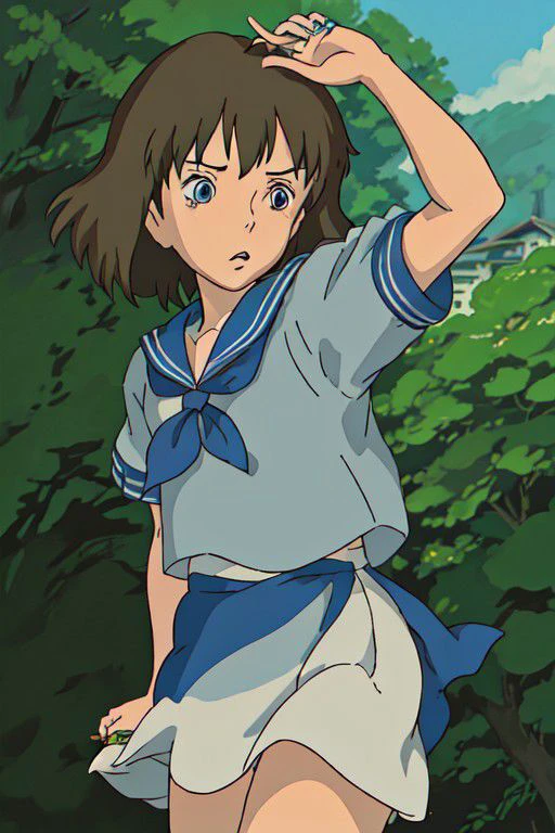 annasasaki, brown hair, blue eyes, ghibli, sailor fuku