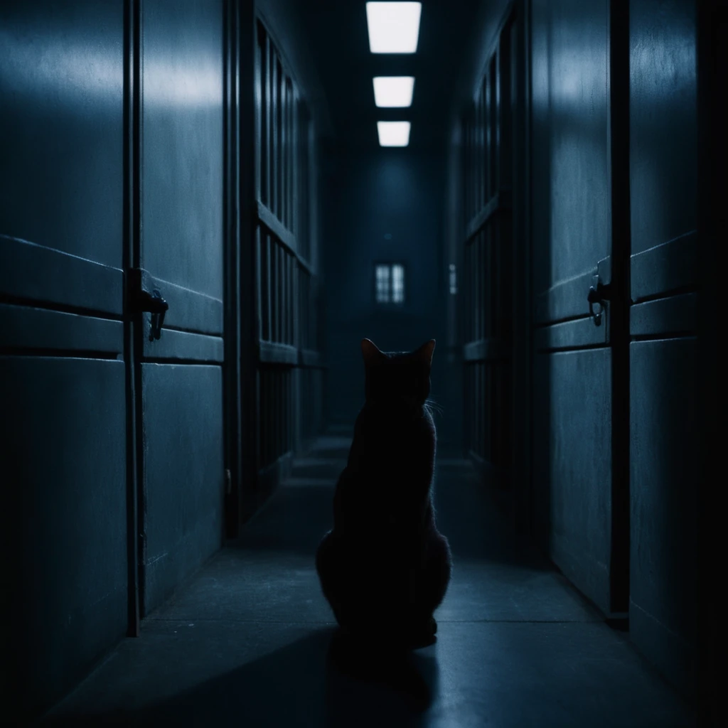 cinematic film still of <lora:Cool Lighting Style:1> Blue Cool Lighting Style
<lora:Chiaroscuro Lighting Style:1>
dramatic, cinematic, shadow, partially covered in shadow, a person sitting in a jail cell with a cat Chiaroscuro Lighting Style, monochrome, comic, greyscale, no humans, shadow, page number, silhouette, sliding doors, low light, dim light, cucoloris light modifier, casting window jail bar shadows, shallow depth of field, vignette, highly detailed, high budget, bokeh, cinemascope, moody, epic, gorgeous, film grain, grainy