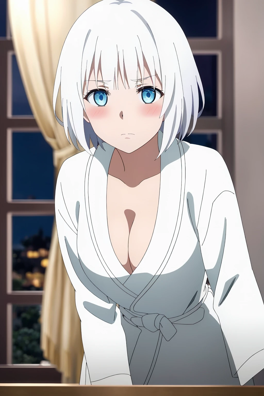 ((best quality)),((highly detailed)),masterpiece,absurdres,detailed face,beautiful face,(detailed eyes, deep eyes),1girl,((dynamic pose)) , <lora:SiestaV1:0.7>Siesta, solo, blue eyes, white hair, looking at viewer, breasts, blush, cleavage, short hair, collarbone, upper body, indoors, closed mouth, window, blurry, bangs, white robe, cleavage, blurry background, frown, bob cut, medium breasts, shirt, night, curtains, depth of field,  blunt bangs<lora:animemix_v3_offset:0.8>