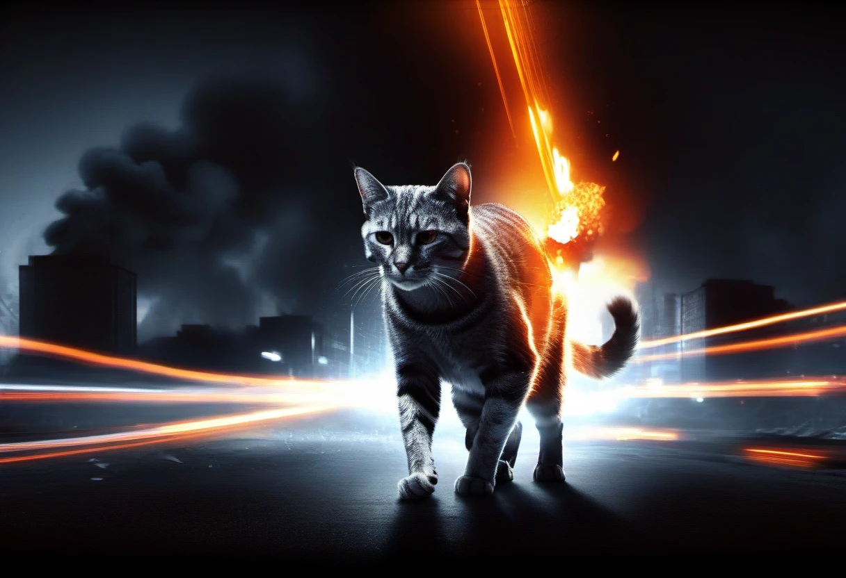 cinematic film still, A cat, bf3, <lora:BFXL:1> . city, vignette, highly detailed, high budget, cinemascope, moody, epic, gorgeous, film grain, grainy, fire, explosion
