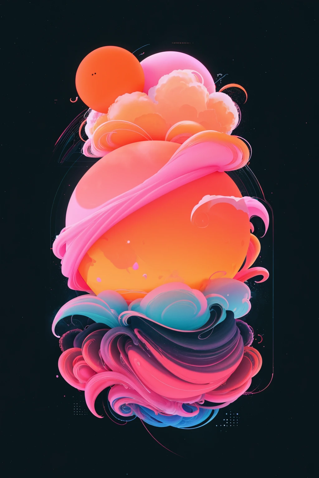 <lora:bb3l15:1> a orange soft pink sphere with clouds and tendrills over black background in the style of bb3l15
