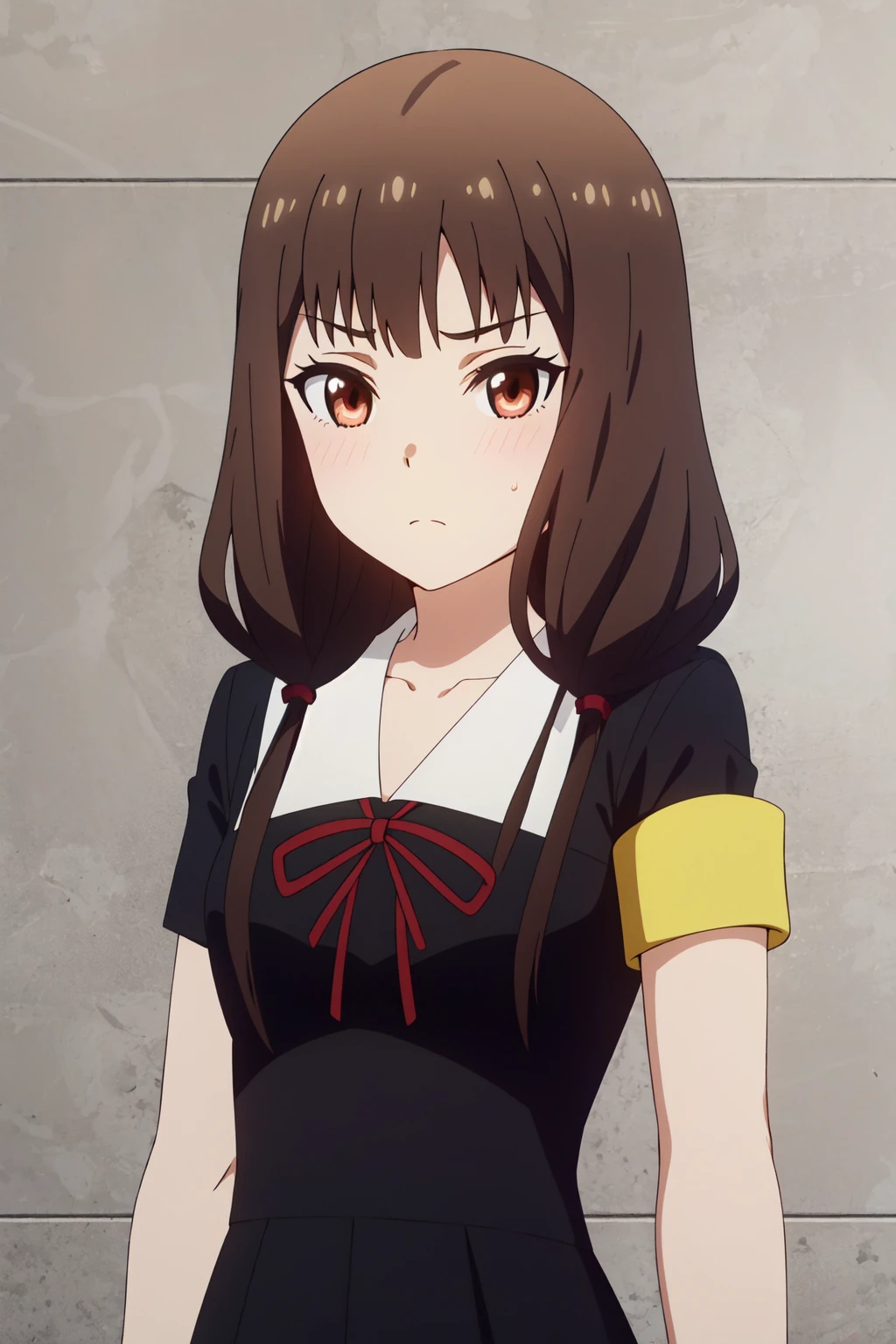 <lora:anime_screencap_v2:0.3> tall body, tall, long legs, mature female, mature, adult, <lora:GoodHands-beta2:1.4>,
<lora:eft_liw_miko:1> eft_liw_miko, 1girl, shuuchiin academy school uniform, solo, school uniform, brown hair, twintails, low twintails, bangs, long hair, brown eyes, collarbone, red ribbon, upper body, blush, closed mouth, armband, ribbon, looking at viewer, dress, black dress, frown, neck ribbon, cowboy shot, portrait, upperbody, from front
