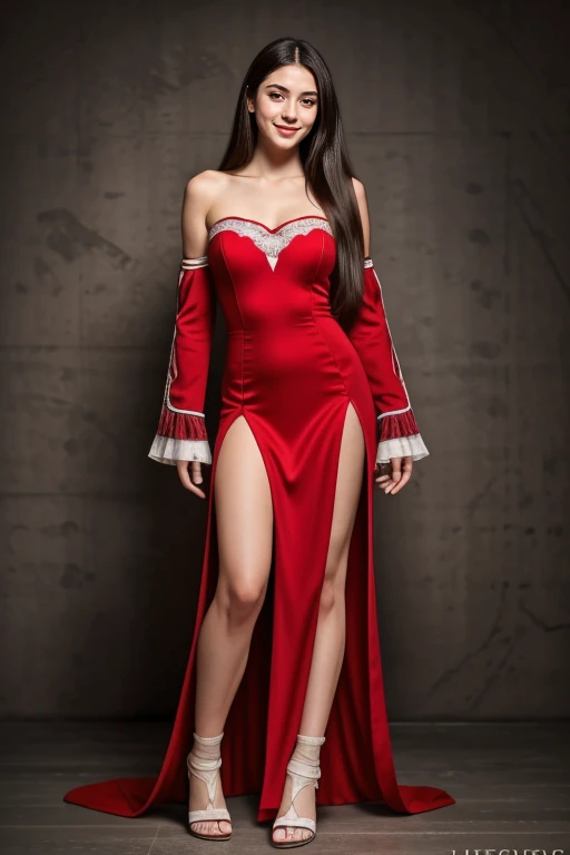 ((Masterpiece, best quality, cinematic lighting, 8k, full body shot, long hair, hour glass body)), (smile:0.85), (realistic background:1.2)
<lora:Long_Dress_A1_By_Stable_Yogi:1>
red long dress, socks, sandals, front slit, bare shoulder, lace trim