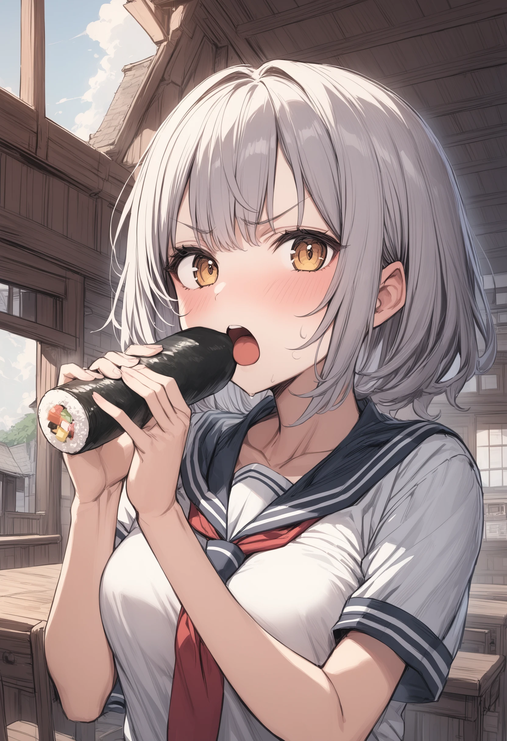 1girl, <lora:sdxl2-flat2-512b:-1>,medium breasts, school uniform,
<lora:ehoumakiXLv1:0.7>,ehoumaki,eating,ceiling, portrait, looking at viewer, frown, village, open mouth,
masterpiece, best quality,