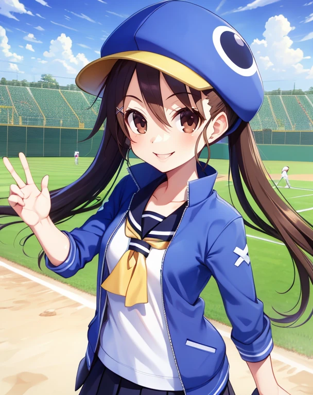Fuka,brown hair,twintails,brown eyes,smiling,blue hat,school uniform,jacket,
standing,blue skirt,x on shoulder,
baseball field,morning,
(insanely detailed, masterpiece, best quality),<lora:Fuka:0.8>,
