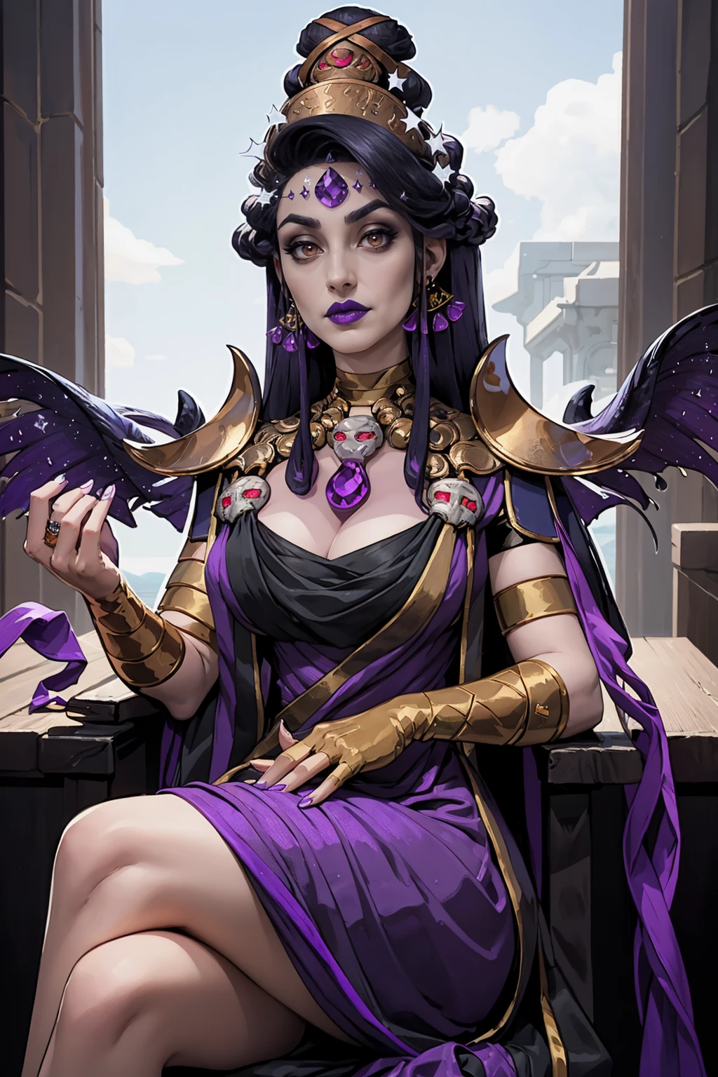 masterpiece, best quality, 1girl, solo, looking at viewer, breasts, <lora:nyx-guy-v2:1>, nyx, grey skin, earrings, jewelry, makeup, purple lips, dress, necklace, forehead jewel, shoulder armor, purple dress, hair ornament, cleavage, sitting, crossed legs,
