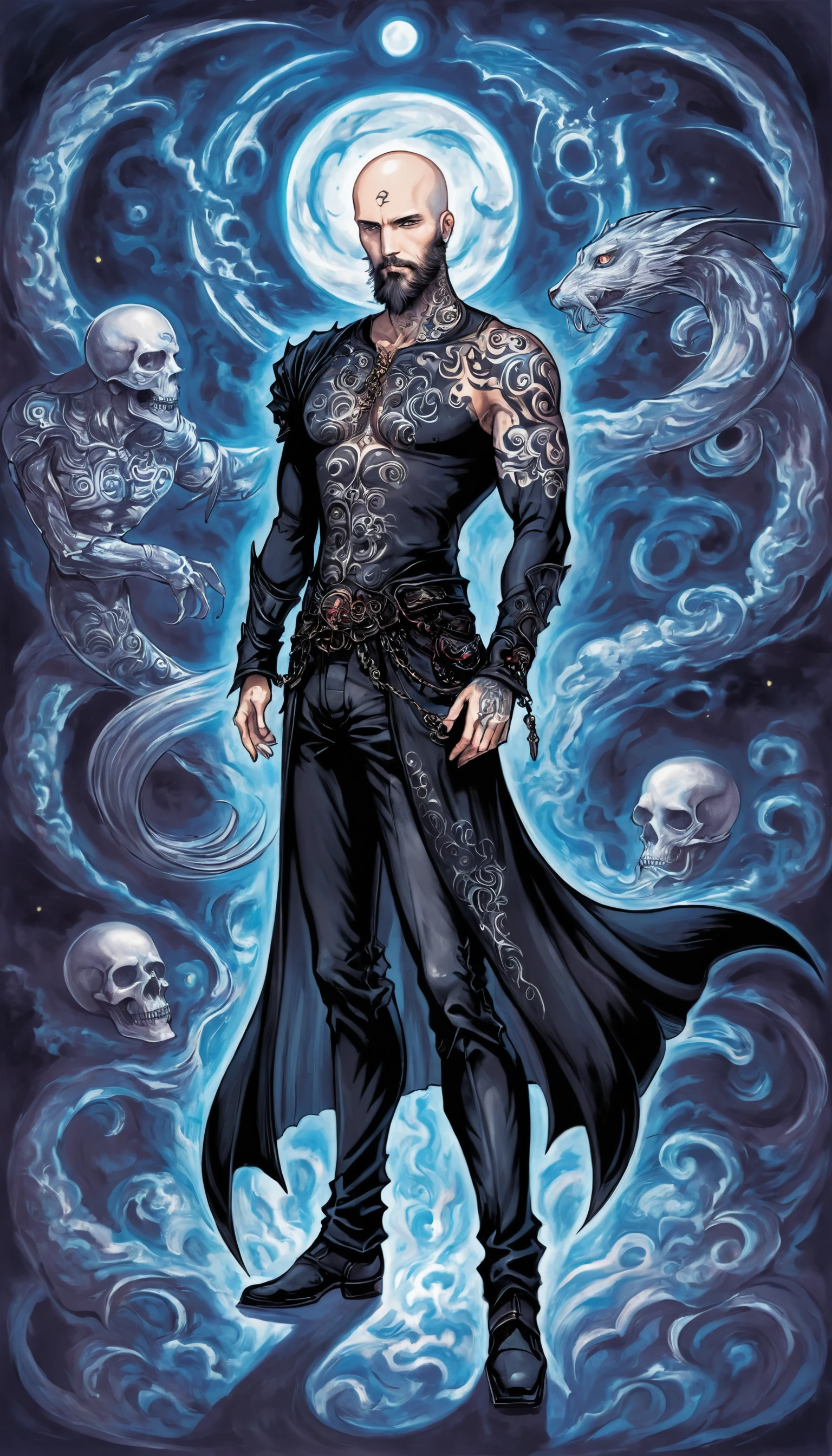 gothic style Amano Yoshitaka art style of a bald man with (face Savva_face) with beard and a thoughtful expression on his face, detailed eyes, (full body covered by tattoo), He's standing in a half-turn . dark, mysterious, haunting, dramatic, ornate, detailed