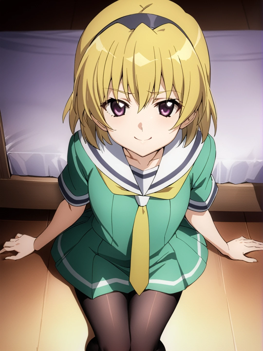 masterpiece, best quality, <lora:0r0P00W0n0j0O0kqLSDXL_LoRA_V1:1>, houjou satoko, 1girl, solo, blonde hair, pantyhose, hairband, sailor dress, green sailor dress, yellow necktie, short hair, school uniform, dress, smile, purple eyes