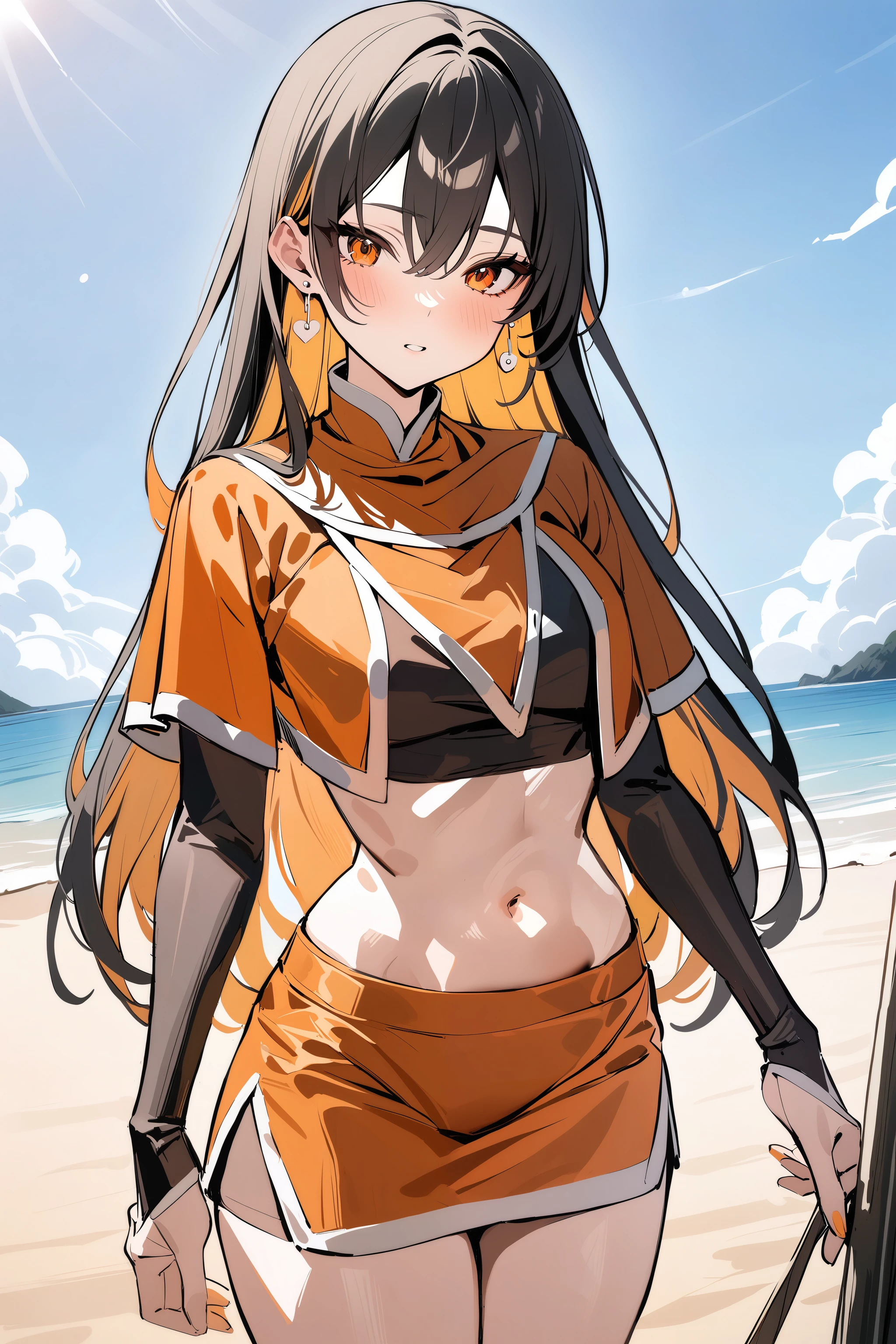 masterpiece, best quality, newest, 1girl, solo, beach, monerochan, black hair, colored inner hair, orange skirt, orange capelet, dark crop top, sleeves, navel, midriff, orange eyes, round stud earrings,, <lora:monerochan_xl_2_2:1.0>