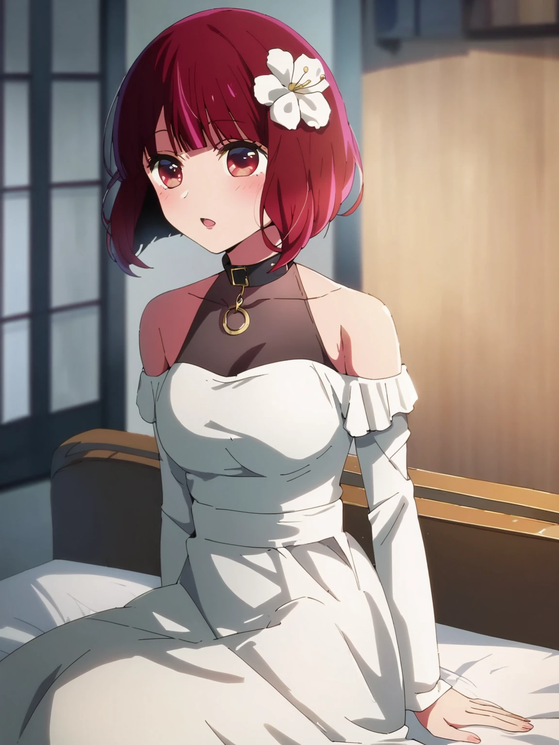 score_9, score_8_up, best quality, masterpiece, 4k, uncensored, prefect lighting, rating_explicit, very aesthetic, anatomically correct,
1girl, arimakana, red hair, short hair, red eyes, bob cut, BREAK white dress, hair flower, black hair flower, bare shoulders, black collar, BREAK <lora:arimakana_ponyxl:1>,
official art,anime coloring,
cinematic angle, cinematic lighting, highly detailed, Amazing, finely detail,
<lora:neg4all_bdsqlsz_xl_V7:0.9>, <lora:sd_xl_dpo_lora_v1:1> <lora:RMSDXL_Enhance:1>,