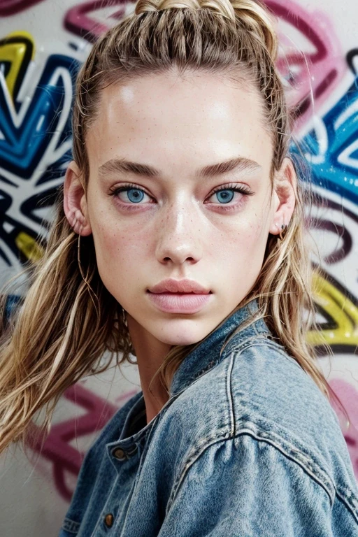 Hannah Ferguson, in front of a wall with graffiti, wearing casual clothes, close up, fall vibes, blushed, looking at the camera, colorful scene, focus on face, professional photography, ultra sharp focus, tetradic colors
