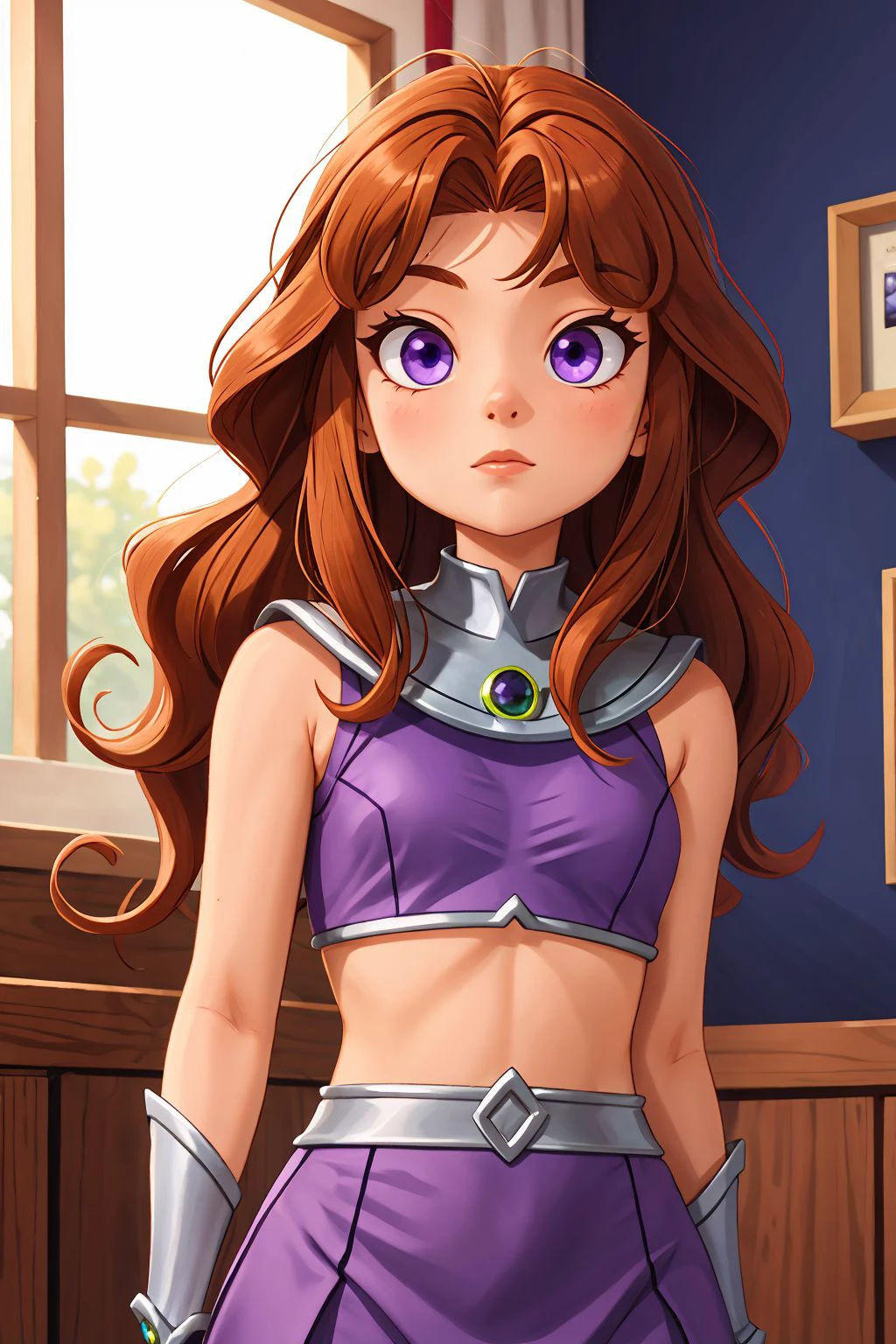 1girl, chestnut hair, amethyst eyes, <lora:Starfire Costume_v1:1> starfire costume, upper body