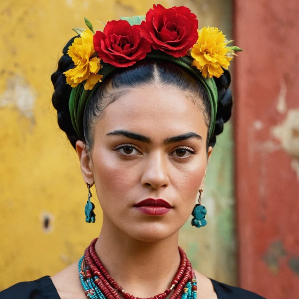 frida kahlo,hair ornament ,painting ,mexican grafitti background:1