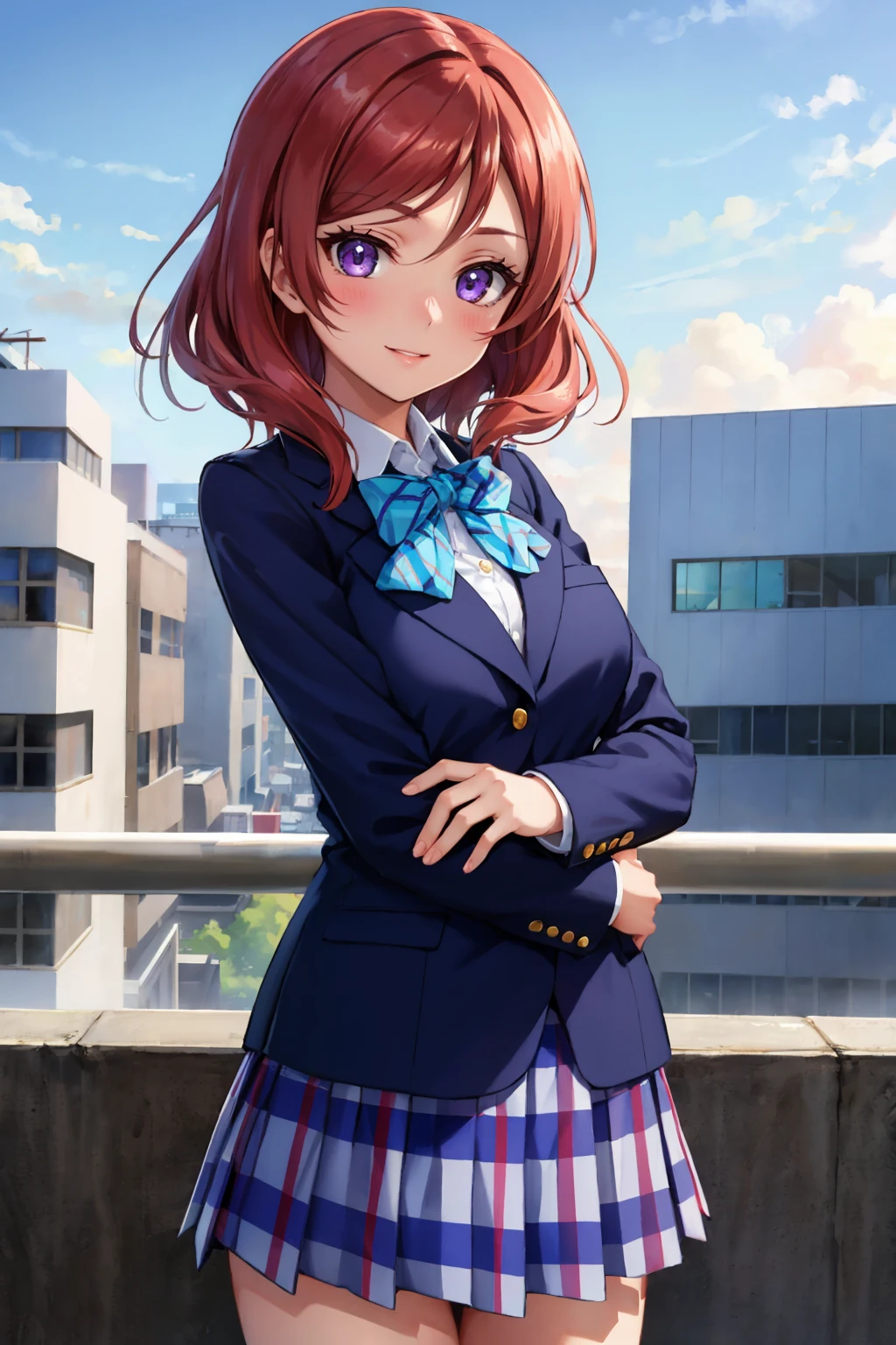 masterpiece, best quality, <lora:llmaki-nvwls-v1-000010:0.9> defMaki, blue blazer, striped blue bowtie, long sleeves, plaid miniskirt, blue miniskirt, looking at viewer, blush, light smile, cowboy shot, sky, city